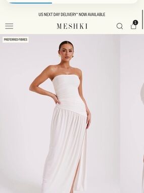 Meshki Strapless Cream Ruched Maxi Dress with Side Slit
